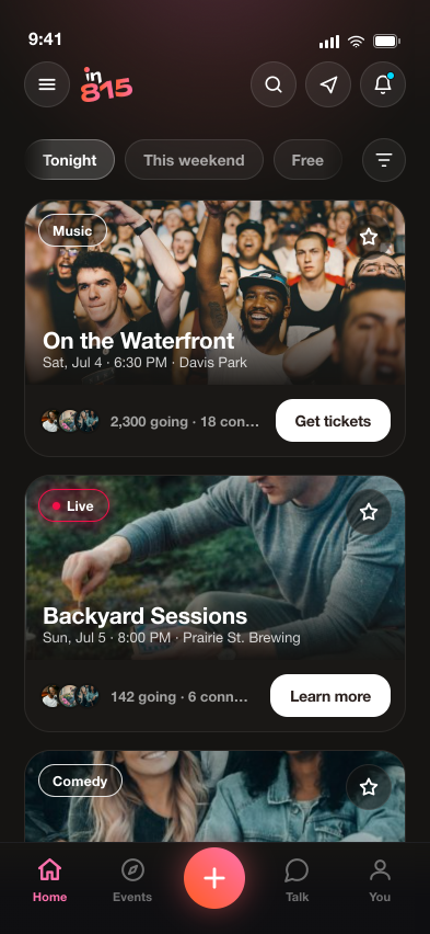 in815 app home feed showing upcoming events in the 815
