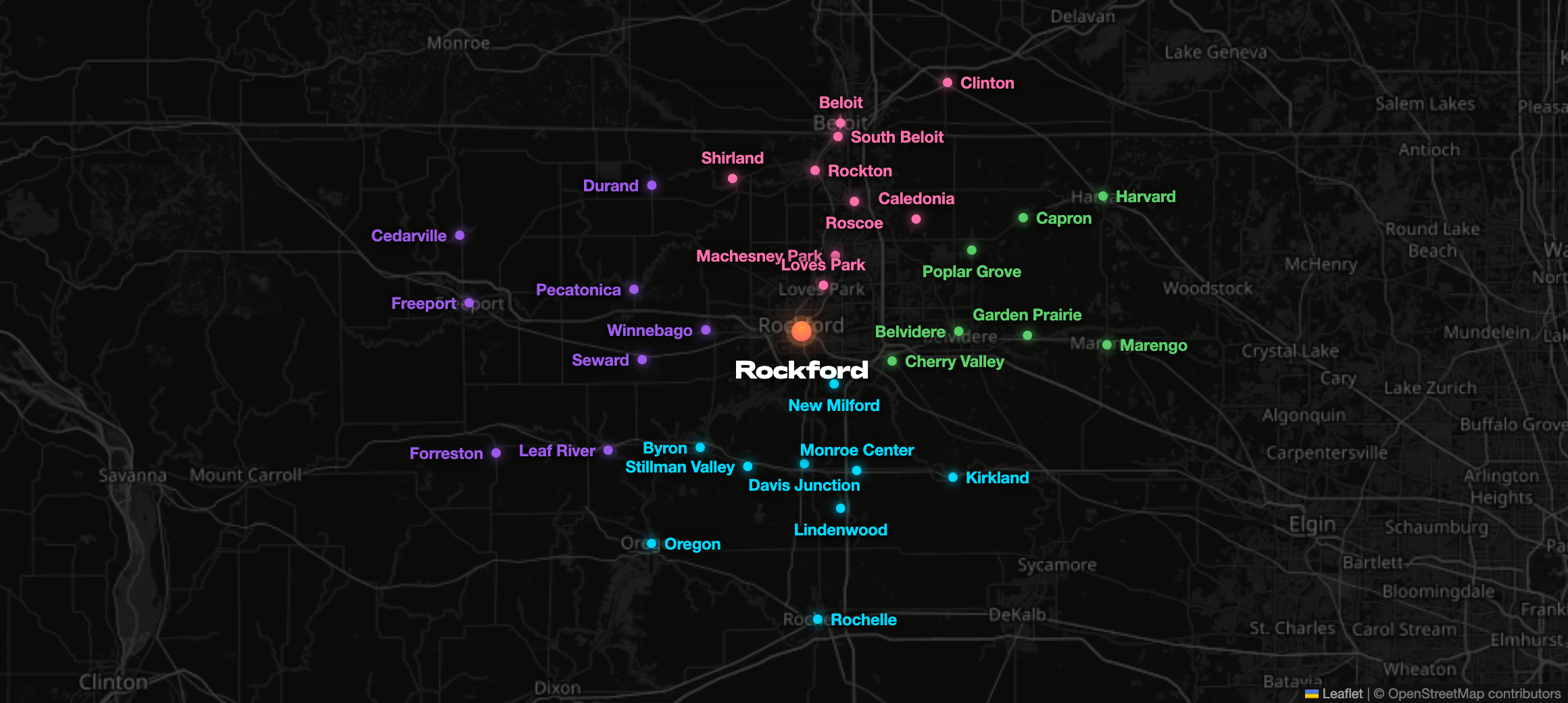 Map of the towns of the 815, colored by direction from Rockford